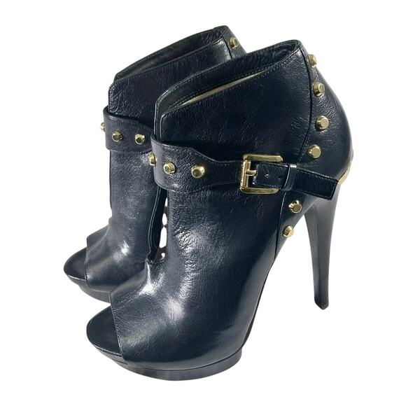 MICHAEL KORS! BLACK GENUINE LEATHER, GOLD STUDDED STILETTO PLATFORM HEELS! SZ 7M - Picture 1 of 11